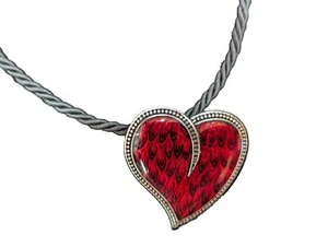 Beautiful-Lia Sophia Heart Necklace Red Enamel Silver & Black Rope Choker 1.5"  - Picture 1 of 9