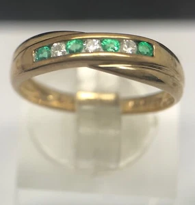 emerald diamond ring 9ct gold half eternity crossover size M Sheffield hallmark - Picture 1 of 11