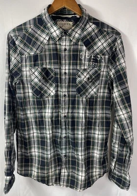 Guess Men's SMALL Navy & Green Plaid Pearl Snap Long Sleeve Shirt - Image 1 of 4