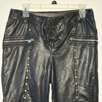 Pantalones de cuero sintético para mujer XL negros con tachuelas cremalleras cierre de corbata sexy gótico punk Foto 1 de 4