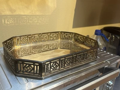 Large 14" x 10" Silver-Plated Pierced Gallery Tray Engraved / Ornate / Heavy - Image 1 of 4