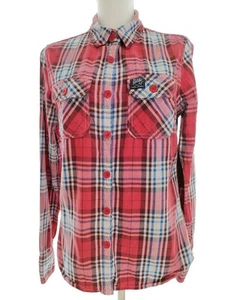 Superdry Size M Red Buttoned Shirt Blouse Cotton 100% Long Sleeve Plaid Pockets - Picture 1 of 5