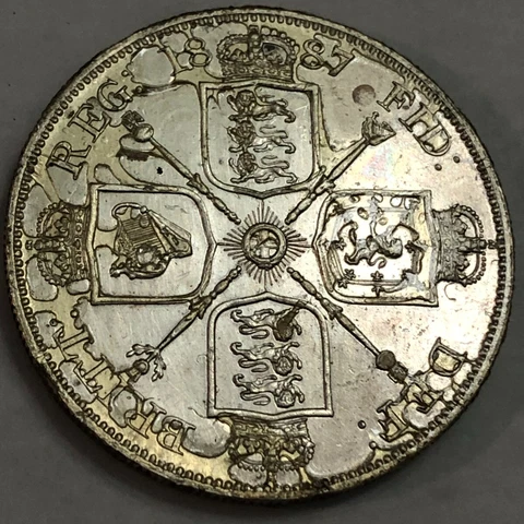 1887 silver Great Britain double florin. Arabic date XF-AU shellac, harsh clean Cover