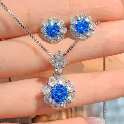 Juego de 2 piezas de flores redondas de topacio azul con piedras preciosas para mujer collar colgante pendientes Foto 1 de 4