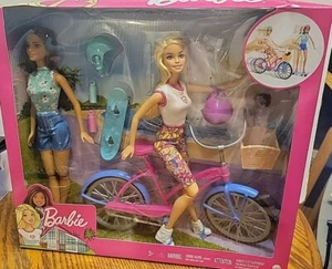 Barbie Outdoor Bike Play set Bundle. New. 2 Dolls Dog Skateboard Bike Moveable - Picture 1 of 8