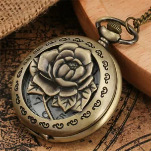 Antiguo Bronce Rosa Flor Cuarzo Reloj de Bolsillo Collar Cadena Colgante Regalo Mujeres - Imagen 1 de 9