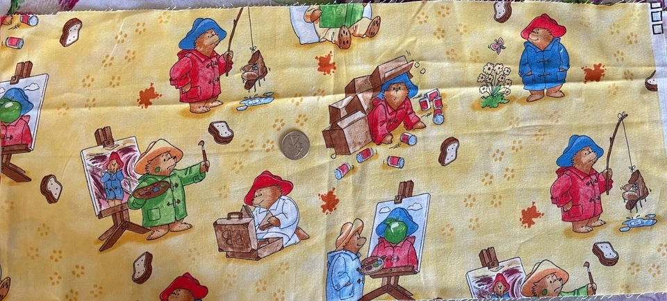 PADDINGTON BEAR  CHILDRENS BOOK YELLOW 100% COTTON FABRIC MATERIAL 9" PIECE - Image 1 of 2