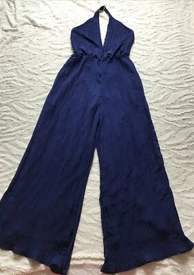 Misguided Navy Wide Leg Pleated Lined Halter Neck Jumpsuit - Size 12 - image 1 of 4
