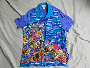 Diane Gilman Top Blue 100% Silk Tropical Ocean Sequin Button up Womens Size 1X - Picture 1 of 9