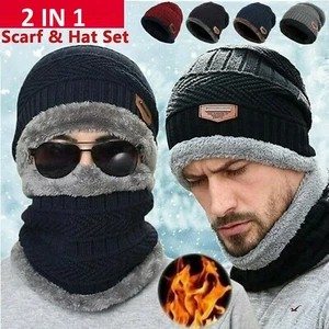 Men Women Hat Winter Knitted Neck Warm Scarf Beanie Fleece Ski Cap Hat Slouch AU - Picture 1 of 17