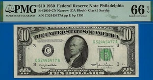 1950 $10 Federal Reserve Note PMG 66EPQ Philadelphia 2nd Finest Near Top Pop - Picture 1 of 3