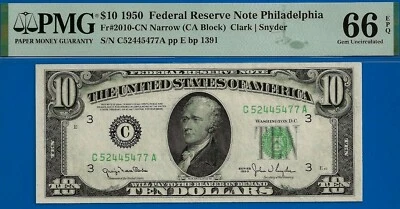 1950 $10 Federal Reserve Note PMG 66EPQ Philadelphia 2nd Finest Near Top Pop - Image 1 of 3