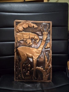 Mid Century signierte Bruce Fox handgearbeitete Hochrelief Kupfer Gazelle Kunst Plakette - Bild 1 von 6