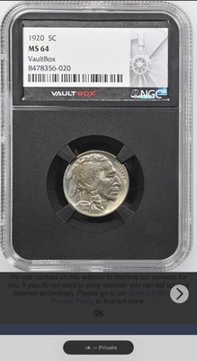 1920 BUFFALO NICKEL NGC MS64 Toning and Luster Vaultbox black core  - Image 1 of 2