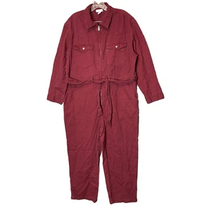 Women Classic Grunge 90s Full Coverall Denim Belted Cropped Jumpsuit L Red - Picture 1 of 16