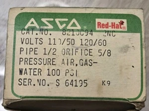 NOS ASCO Redhat 8210C94 Pipe 1/2" Solenoid Valve 2 way Orifice 5/8 PSI 100 50/60 - Picture 1 of 7
