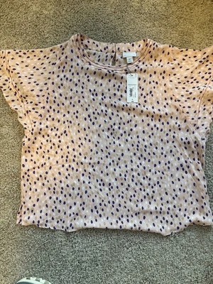 New Liz Claiborne Women's XL Flutter Sleeve Pink Polka Dots Semi Sheer Blouse - Image 1 of 3