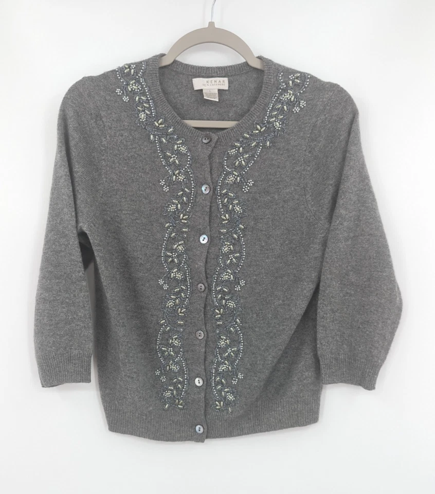 Cárdigan suéter Kenar cachemir manga 3/4 gris con cuentas 100 % cachemir grande Foto 1 de 4