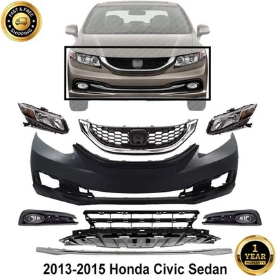 Front Bumper Cover Primed & Grille Assembly Kit For 2013-2015 Honda Civic Sedan Foto 1 de 4