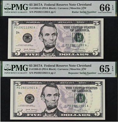 2017A $5 FRN PMG 66EPQ - Radar & Repeater Serial Number 29211292 - 29212921 - Image 1 of 4
