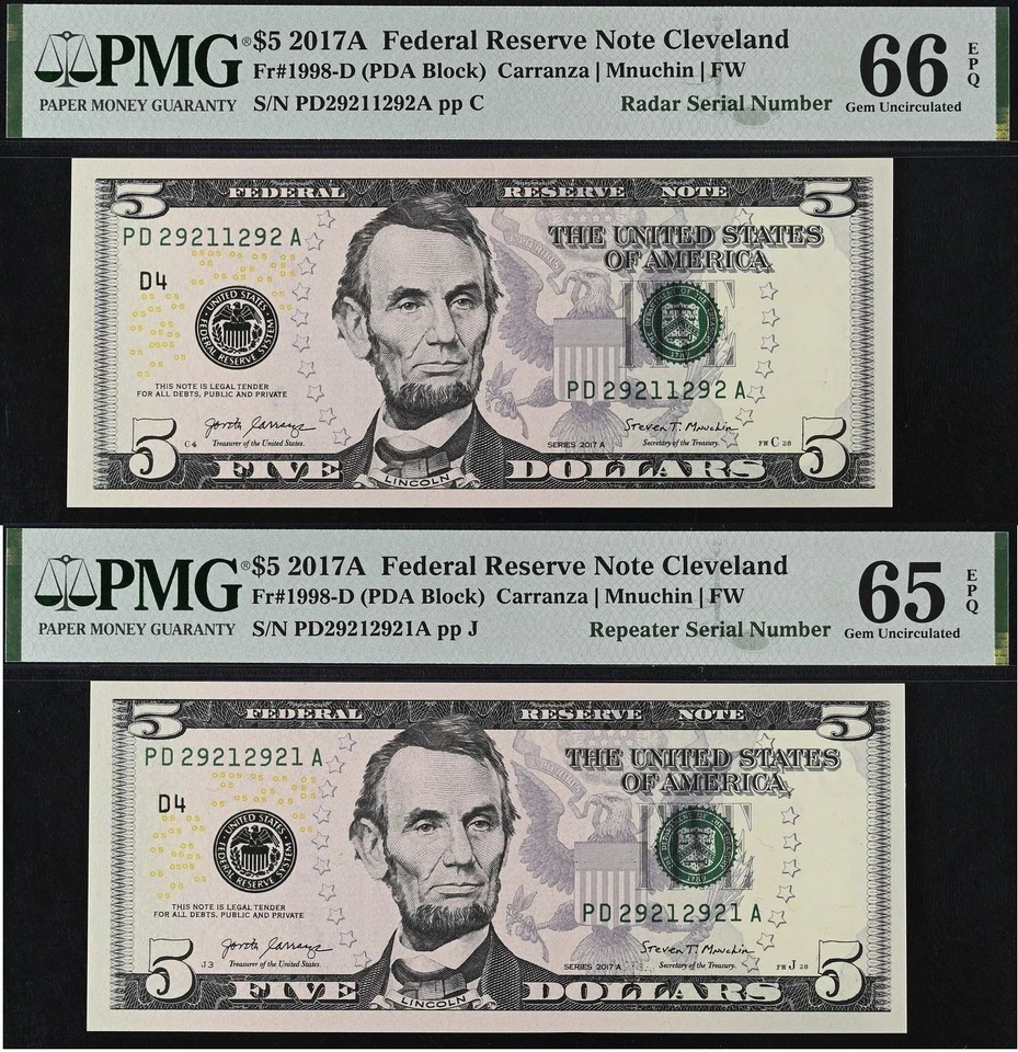 2017A $5 FRN PMG 66EPQ - Radar & Repeater Serial Number 29211292 - 29212921 - Image 1 of 4