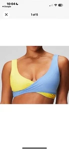 NWT - Fabletics Crossover Low Impact Sports Bra Blue Yellow Sz Medium - Picture 1 of 5