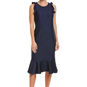 Shoshanna Navy Blue Ruffle Hem Sleeveless Ribbed Sheath Midi Dress size 6 - Picture 1 of 11