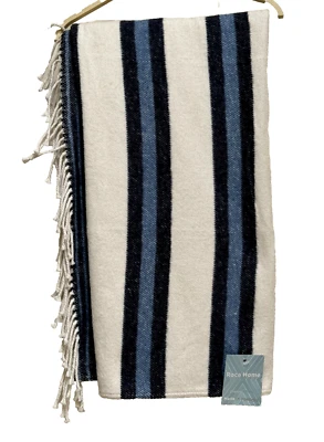 Roca Home Made in Portugal Throw Blanket Blue Cream Stripe reversible Lg 50 x 67 - Image 1 of 4