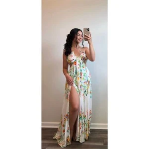Rococo Sand Susan Maxi Dress in White Medium Floral Halter Cutout Side Slit - Picture 1 of 5