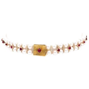 Rubin Akoya Perlen Collier de Chien 2-reihig in 750 Gold Schließe Handarbeit - Bild 1 von 7