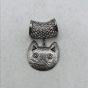 Vintage GB Pendant Silver Tone Cat Rhinestones Scarf Bail Jewelry Accessory - Picture 1 of 9
