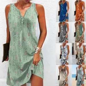 Women Summer Holiday Dress Ladies Boho Beach Button Floral Sun Dresses Size 6-16 - Picture 1 of 12