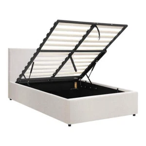 Oikiture Single Bed Frame Gas Lift Storage Base White Boucle - Picture 1 of 8