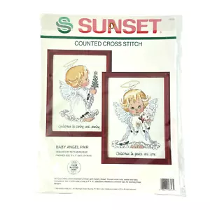 Par de ángeles bebé de Navidad punto de cruz contado puesta de sol por Ruth Morehead 1990 - Imagen 1 de 6