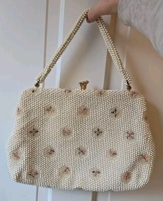 Bolso de Mano Clásico de Colección Años 50 con Cuentas de Corde Lumurado Blanco Rosa y Verde Floral  Foto 1 de 4
