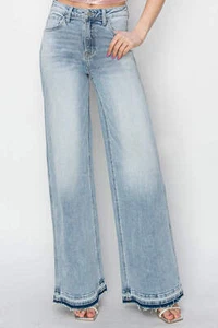 Risen High Rise Light Blue Wash Released Hem Wide Leg Denim Jeans - Picture 1 of 7