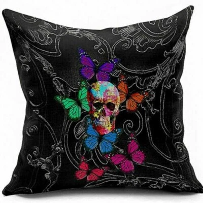 Capa de travesseiro preta caveira borboletas decoração para casa almofada sofá estojo - Imagem 1 de 3