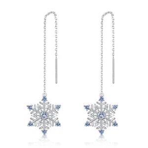 925 Sterling Silver Snowflake Drop Dangle Long Blue Spinel Earrings for Women - Picture 1 of 6