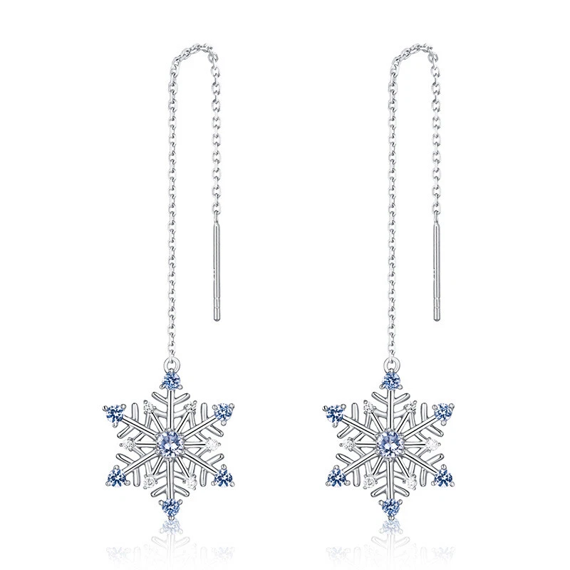 925 Sterling Silver Snowflake Drop Dangle Long Blue Spinel Earrings for Women - Image 1 of 4