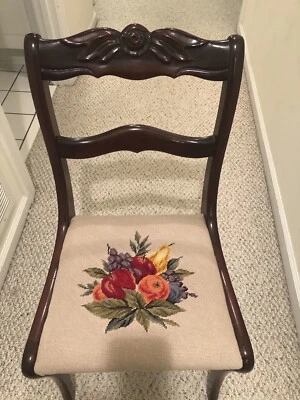 Duncan Phyfe-Style Solid Mahogany Regency Chairs. Rose-Carved Back. Needlepoint. - Image 1 of 4