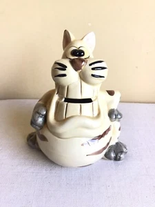Smiling Big Teeth Curious Cat High Gloss Glaze Ceramic Coin Piggy Bank 6.5" Tall - Imagen 1 de 6