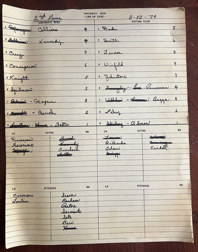 CINCINNATI REDS/S.D PADRES AUTH OFFICIAL DUGOUT LINEUP CARD BENCH FOSTER CRUZ - Image 1 of 1