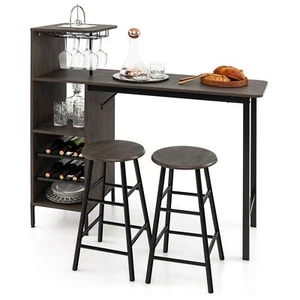 3PCS Bar Table & 2 Stool Industrial Kitchen Dining Set W/ Wine Rack Glass Holder - Picture 1 of 10