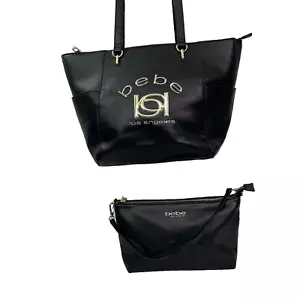 2 Pc Set bebe TOTE + PURSE Black Gold Travel Overhead Weekend Fancy Glamor Vegan - Picture 1 of 21