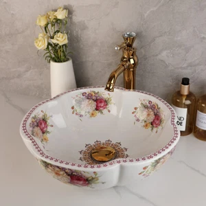 Fregaderos de baño en forma de flor lavabo de cerámica redondo blanco fregadero base tazón de oro grifo - Imagen 1 de 8