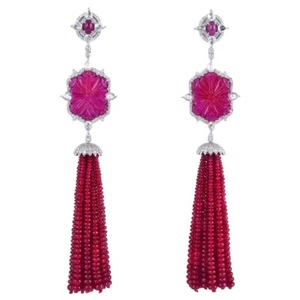 Carved Lab Ruby Tassel Dangle Earrings 925 Sterling Silver Wedding Wear Jewelry - Picture 1 of 5