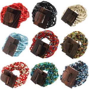 7" Wood Buckle Bohemian Handmade Glass Seed Beads Bracelet, Over 20 Colors - Picture 1 of 51