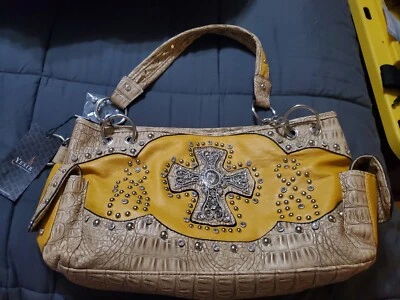 Bolso de Hombro Amarillo Tostado con Cruz de Estrás Damas Alta Moda Nuevo con Etiquetas  Foto 1 de 4