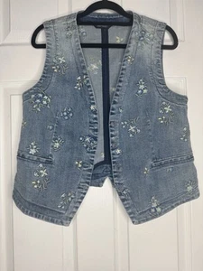 DRIFTWOOD Floral Embroidered Denim Vest Size Medium Boho Festival Cottagecore - Picture 1 of 5