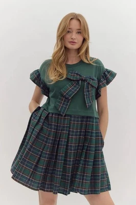 Mini Vestido Entro Twofer Verde Y Tartán Lazo A Cuadros Vacaciones Talla L Nuevo Con Etiquetas Plisado Foto 1 de 4